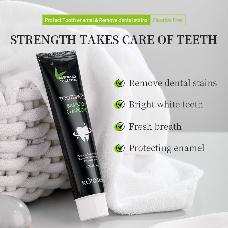 KORMESIC Bamboo Charcoal Toothpaste Fluoride-Free Tooth Care for a Confident Smile Strengthen. Protect. Brighten.